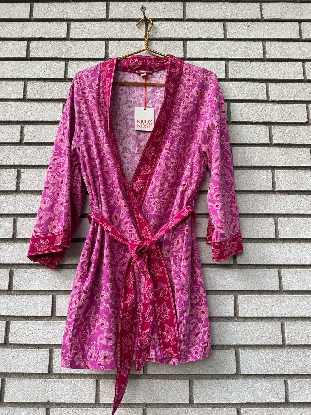 Knox Rose Paisley Kimono Robe Pink Cotton Rayon Tie Belt NWT M/L Lounge - Picture 2 of 12